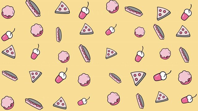 Repeating cartoon fast food pattern on yellow, great for foodthemed designs, restaurants, packaging, and kids products. Ideal for promotional materials.
