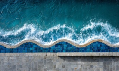 Aerial view of a wavy-edged swimming pool with turquoise water, adjacent to the ocean, and a stone border.