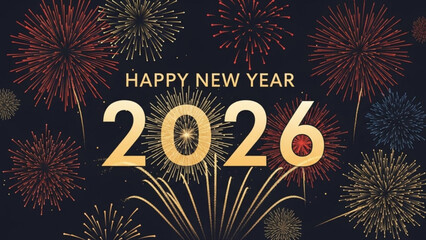 A vibrant digital illustration of colorful fireworks exploding in the night sky with a Happy New Year 2026 celebration message