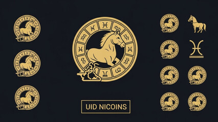 A collection of gold zodiac symbols and logos featuring a horse on a black background with UID NICOINS branding