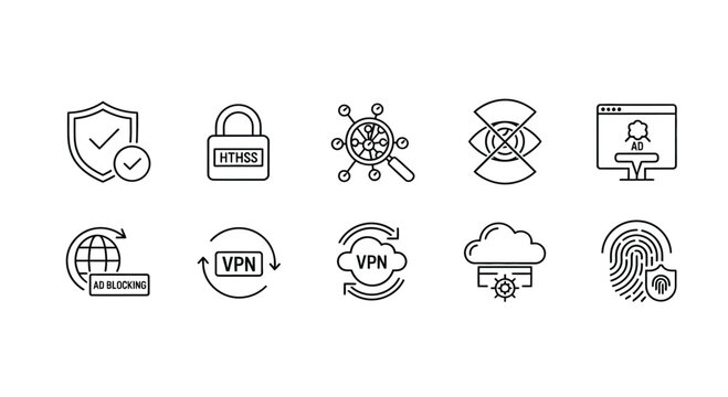 Various cybersecurity icons representing protection and privacy