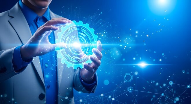 Illustration of businessman holding glowing blue digital gear interface with abstract light particles and network connections in a dark futuristic setting - Powered by Adobe