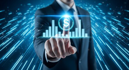 Illustration of businessman hand touching glowing digital bar chart with dollar sign icon representing financial growth, investment, and technology in a futuristic blue light tunnel