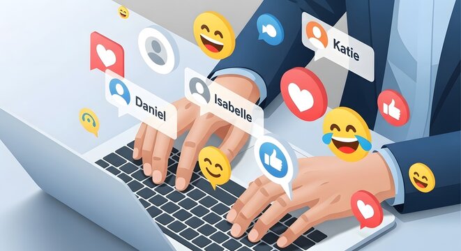 Illustration of business person typing on laptop with social media notification icons, reaction emoji, and user comment bubbles floating above keyboard for digital communication concept - Powered by Adobe