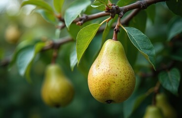Ripe pears with green leaves hang on a tree branch. Another pear is visible in the blurred background. Sunlight illuminates the fruit, suggesting a warm season in a garden orchard.