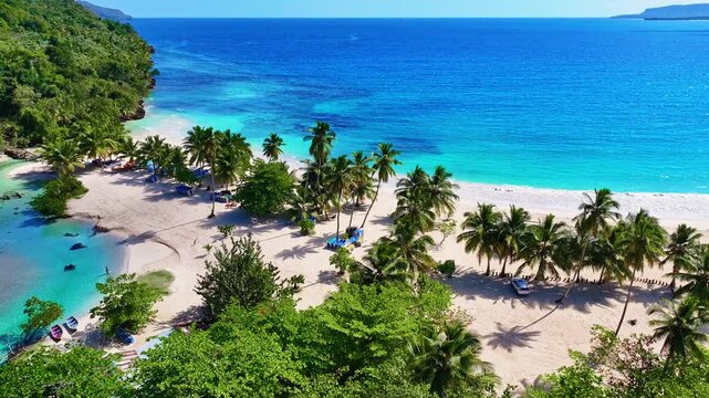 A tropical lagoon with vibrant palm trees on white sand and turquoise waters. Wild Rincon Beach, Samana Island, Dominican Republic. Turquoise lagoon bay and blue ocean on a sunny summer day.