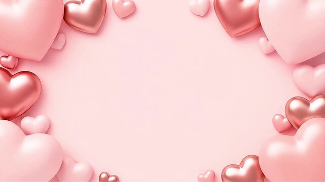 A Valentine's Day-themed border of pink and rose gold hearts on a soft pink background with a white space for text, created with a mix of shiny and matte finishes.