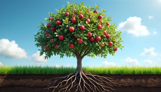 Apple tree with vibrant red fruit and extensive roots visible below ground level against a bright blue sky with fluffy white clouds. Healthy green grass covers the soil surface.