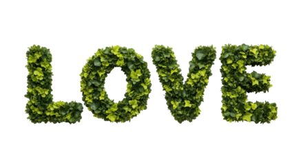 Everlasting Expression of Affection: LOVE spelt out in lush green foliage, a botanical embodiment of enduring fondness and natural beauty. This vibrant display symbolizes growth, renewal.