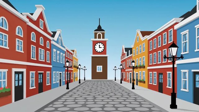 Colorful Old Town Street with Clock Tower Illustration
