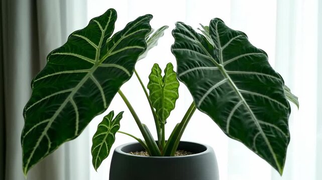 Indoor potted plant with large dark green leaves and white veins.