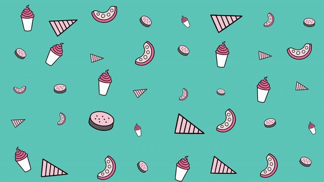 Patterned turquoise background with food images. Suitable for food blogs, menus, social media graphics, and kitchen decor prints.