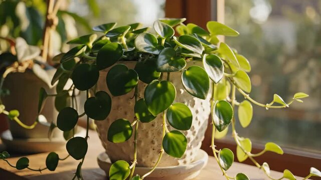 Sunlit trailing pothos plant on windowsill catching warm light.