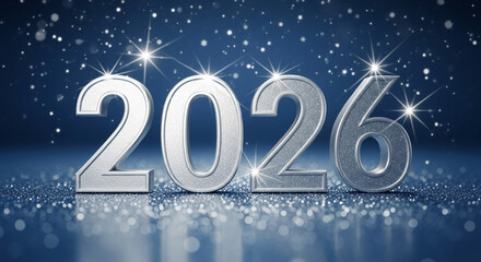 Metallic numbers "2026" on glittery surface, against dark blue background with starbursts. Represents a future year, celebrating new beginnings and hope