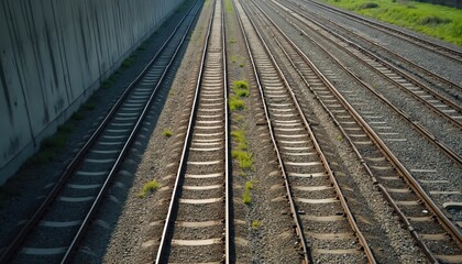 Fototapeta premium Many parallel train tracks stretch into distance beside concrete wall. Gravel and grass grow between metal rails. Sunlight casts shadows on the railway lines.