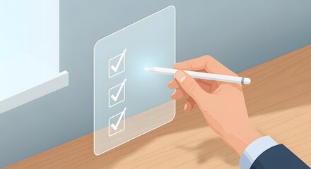Illustration of hand using a stylus to check off items on a glowing digital checklist interface, representing task completion or survey