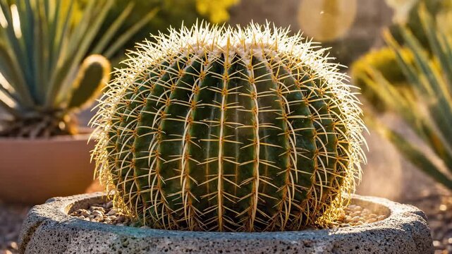 Close Up Round Barrel Cactus In Garden.