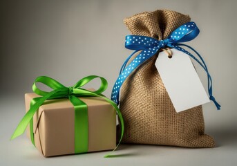 A small gift box tied with a green ribbon and a burlap gift bag with a blue polka dot ribbon and a blank tag, perfect for any occasion