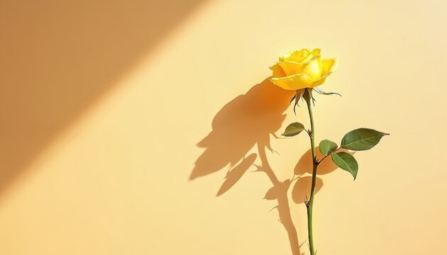 Single yellow rose stem with leaves and bloom against plain background. Strong diagonal shadow from sun highlights flower delicate petals. Simple, elegant, natural composition.