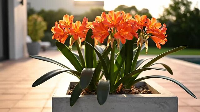 Bright Orange Flowers In Modern Planter By Poolside At Sunset.