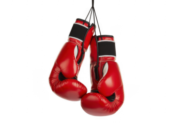 Red boxing gloves hanging from strings sports isolated on a transparent background