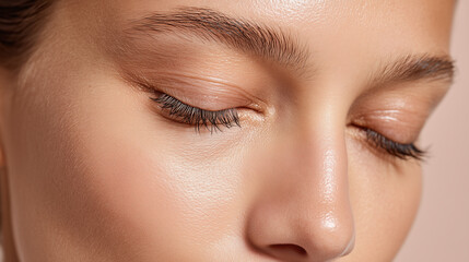 Obraz premium Close up image of gentle eye area texture with clean natural skin showing smooth complexion and soft eyelashes in warm lighting for beauty and skincare concept