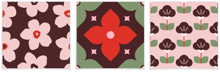 Set of patterns with minimalist shapes. Patterns for wrapping paper. Decorative flowers and shapes in a set of patterns.