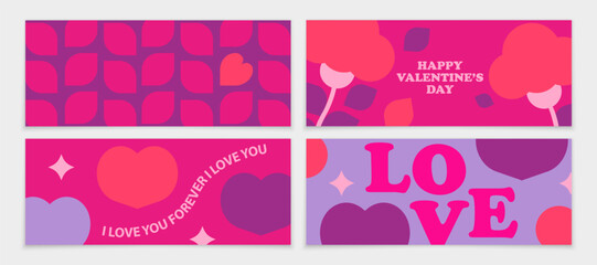 Bright Valentine's Day banner. Set of Valentine's Day banners. Love word, flowers, hearts on a pink background.