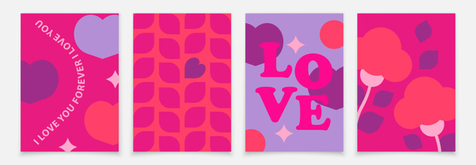 Bright Valentine's Day cards. Set of Valentine's Day posters. Love word, flowers, hearts on a pink background.