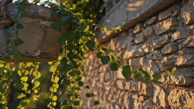 Sunny Ivy Covered Stone Wall with Hanging Vines.