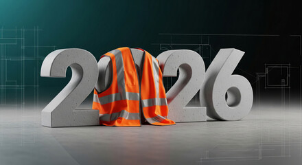 Image of gray concrete numbers "2026" with orange safety vest. Symbolizes construction, engineering, or planning work completion by the year 2026