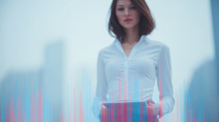 A professional woman stands confidently, holding a laptop, surrounded by abstract data visuals in a modern, urban setting.