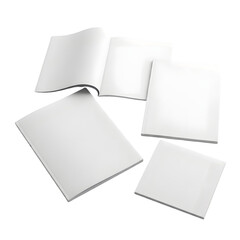 Four blank white open and closed books scattered on a white background.