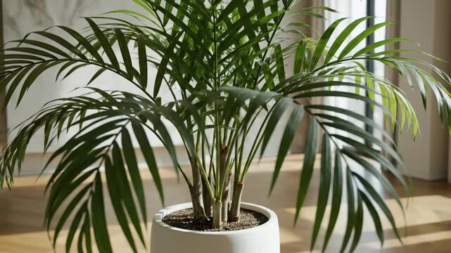 Indoor potted palm plant in bright living room.
