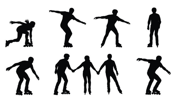 Collection of roller skater silhouettes in various poses including individuals and couples for sports and leisure designs