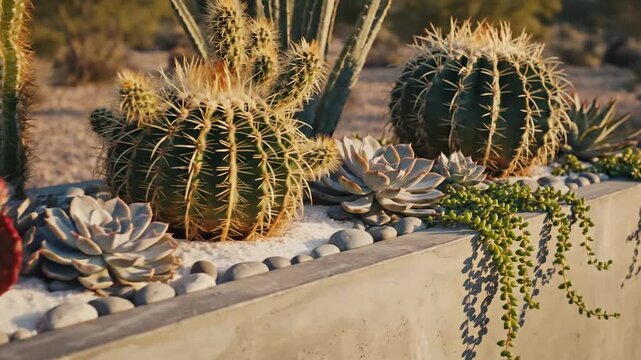 Desert Cactus Garden in Stone Planter Dramatic Lighting.