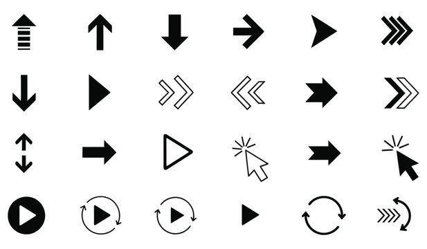 Collection of various arrow vector icons, including up, down, left, right, play, refresh, and click symbols on white background