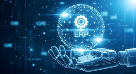 Illustration of robotic hand holding a glowing digital sphere with a gear icon and the text erp, representing enterprise resource planning technology concept in a futuristic blue background