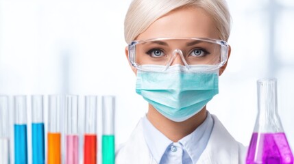 A focused scientist in a lab coat and protective gear stands before colorful test tubes and flasks, embodying the essence of modern scientific research.
