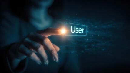 A fingertip nearly touches a glowing button labeled "User," symbolizing interaction and digital engagement in a dark, tech-inspired setting.
