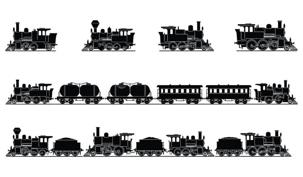 Collection of vintage steam train locomotives and railway carriages in black silhouette isolated on white background