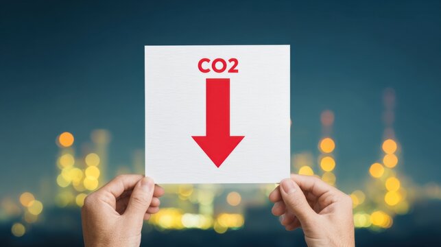 A person holds a sign showing "CO2" with a downward arrow against a blurred industrial background, symbolizing a call to reduce carbon emissions.
