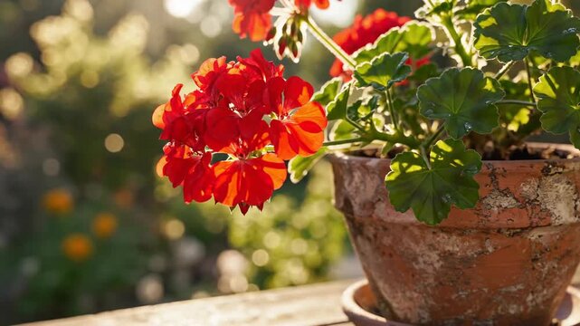Bright red geraniums in a clay pot on a sunlit ledge.