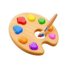 3D wooden artist paint palette with colorful paint and brush isolated PNG.