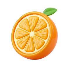 plastic 3D design of fresh orange fruit half with leaf isolated PNG.