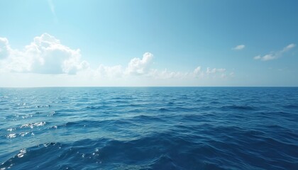 Obraz premium Vast blue ocean stretches to the horizon under a clear sky with white clouds. Gentle waves ripple across the surface reflecting sunlight, creating a serene natural scene.