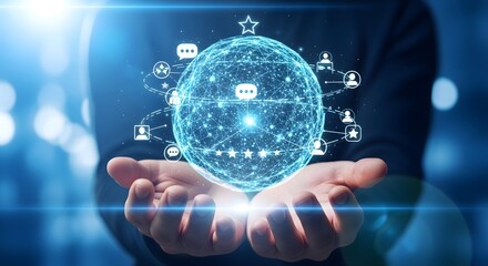 Illustration of business person holding a glowing digital sphere representing global network connection, social media, and data communication technology in hands