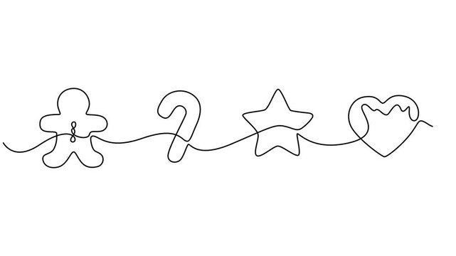 a christmas animation with only one line, christmas element set continuous one line drawing animation, Continuous line drawing of hanging christmas tree, gift box, star, love, christmas hat and sock.