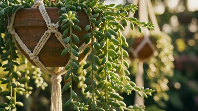 Delicate Hanging Planter Macrame With Green Trailing Plants.