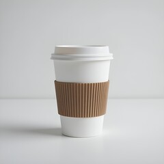 Kraft Brown Coffee Cup with Sleeve and Black Lid 3D Render.
